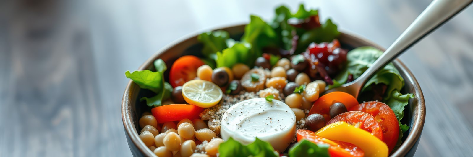 Fresh salad bowl with mixed vegetables and dressing on a wooden table